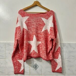 Women’s Red White Star Oversized Knit Sweater Sze 1X Casual Lightweight Slouchy